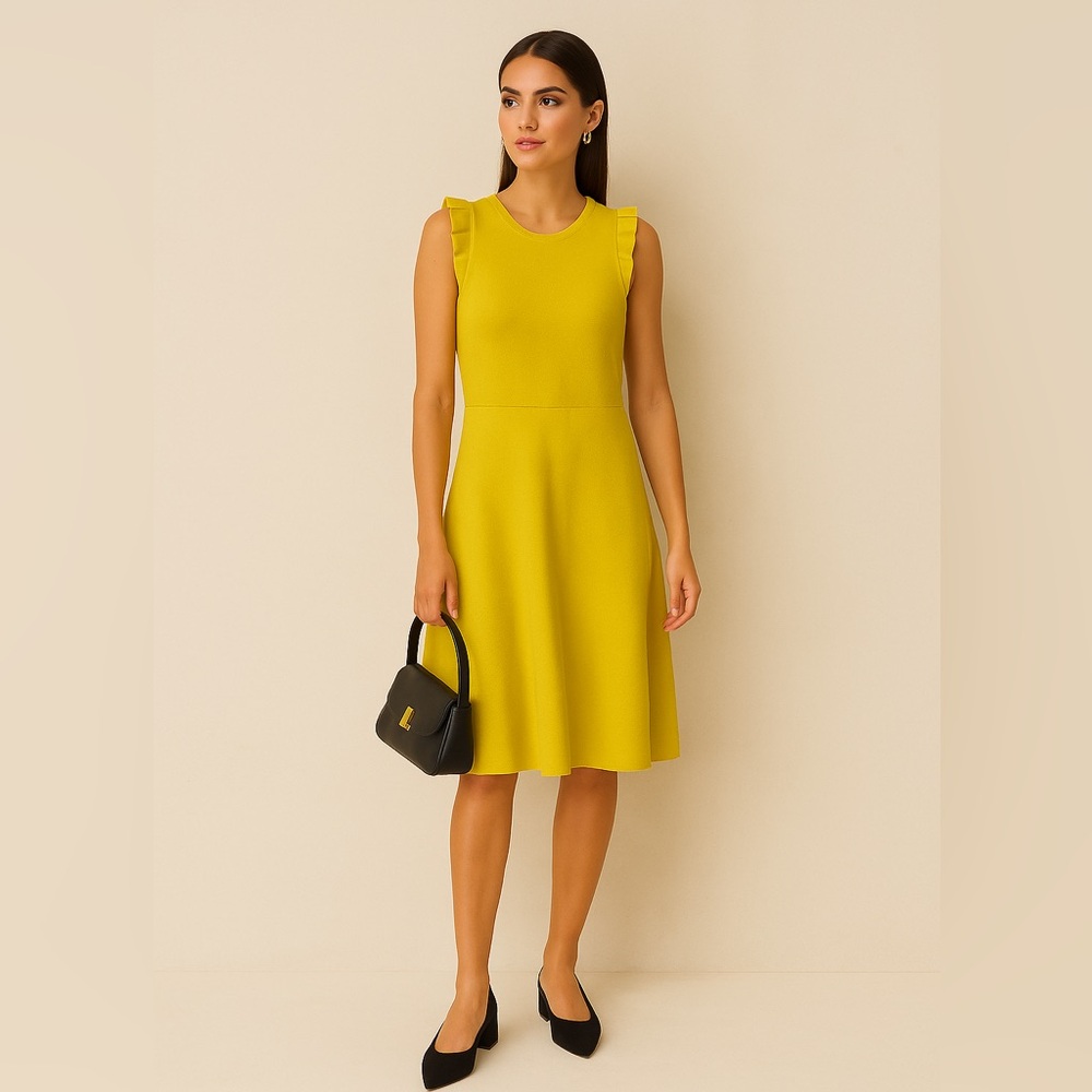 Ann Taylor Yellow Sleeveless Midi Dress with Ruffle Shoulders